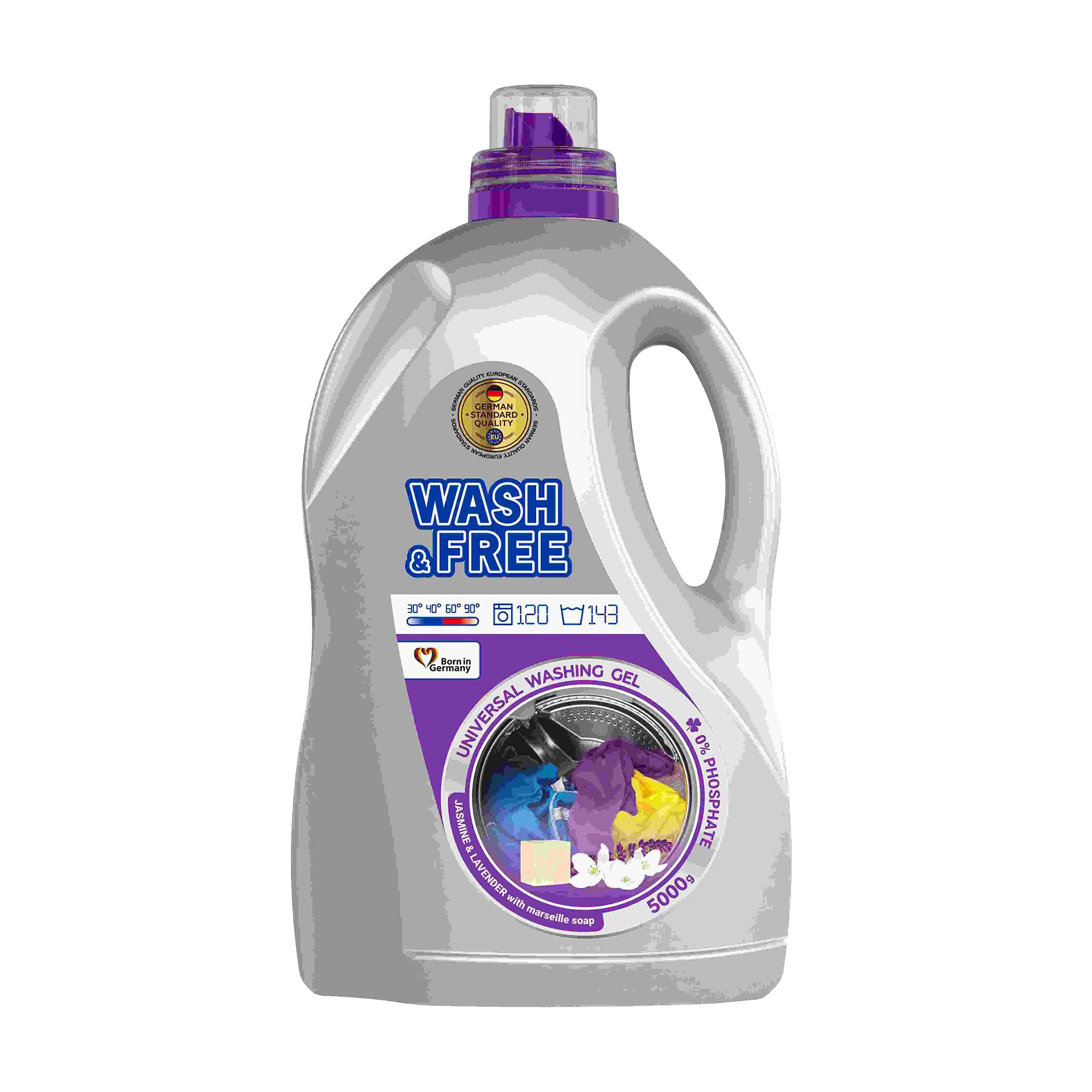 Гель для прання Wash and Free універсальний, з марсельським милом, аромат жасмина та лаванди, 120 циклів прання, 5 кг